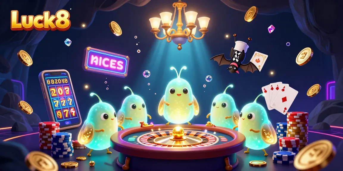 Luck8 showcases a vibrant illuminated casino scene with glowworms and a bat dealer, surrounded by sparkling coins and game elements.