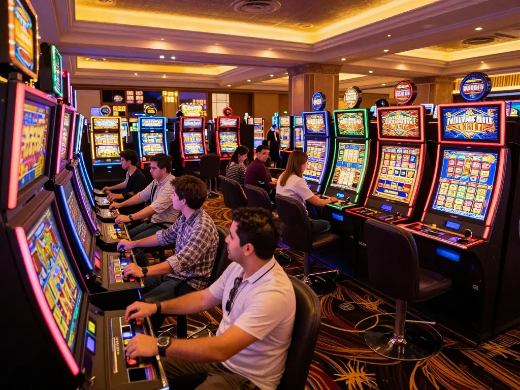 Players enjoying dynamic slot gacor games at a colorful casino with vibrant machines and exciting atmosphere