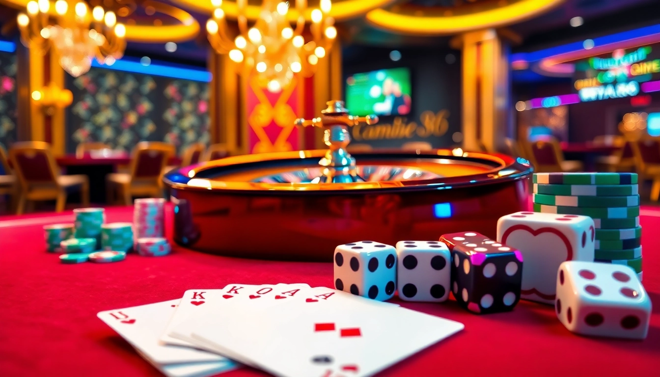 Gopay88 engaging players at a luxurious casino table with roulette and poker cards.