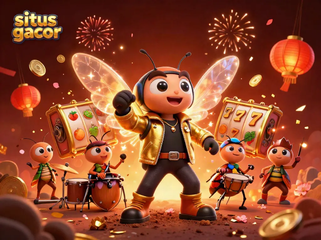 Menggali situs slot gacor dengan semangat, 3D cicada rock star tampil menakjubkan dalam suasana kasino yang meriah.
