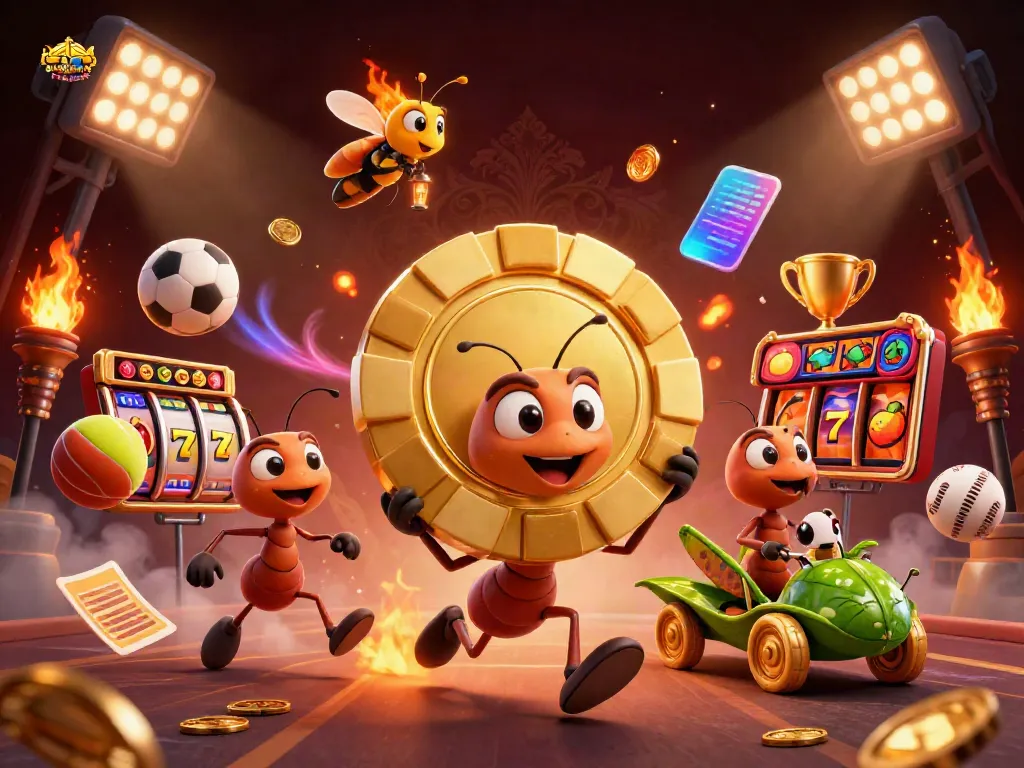 Exciting scene depicting a 3D team of ants in a heist with a giant golden poker chip at australian online casinos.