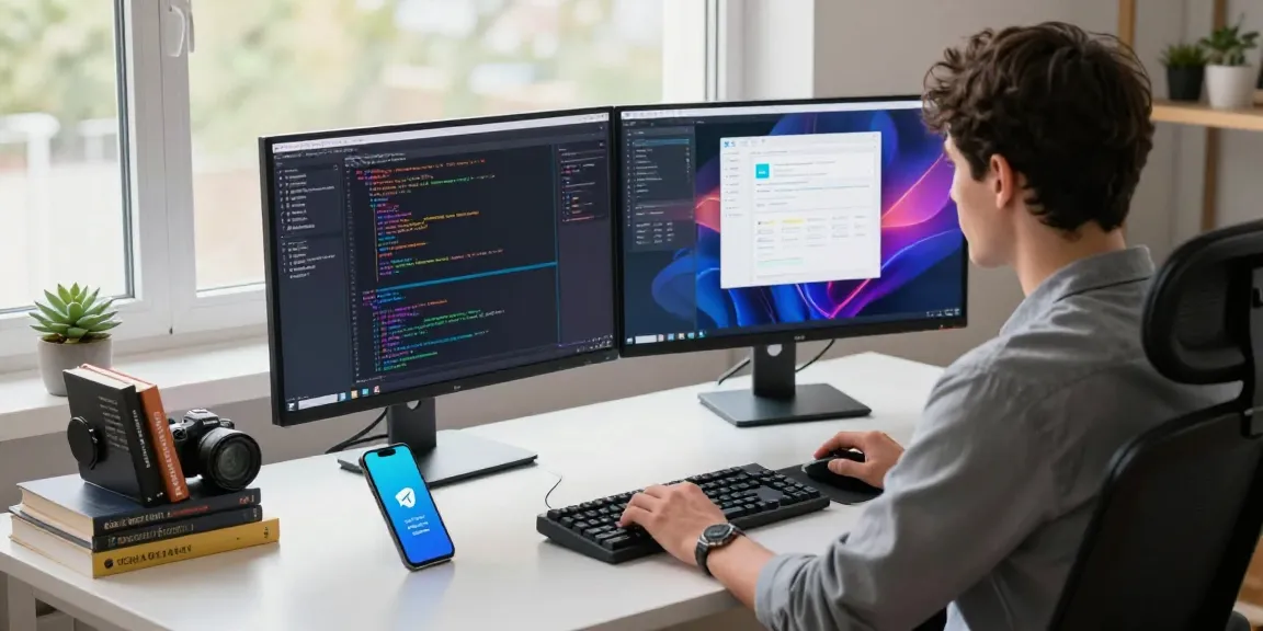 Developer using telegram中文版下载 in modern workspace with dual monitors and coding setup.