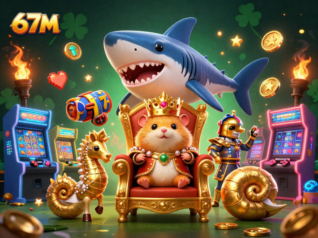 O rei hamster dourado no trono de dentes de megalodon no estúdio do cassino 67M.