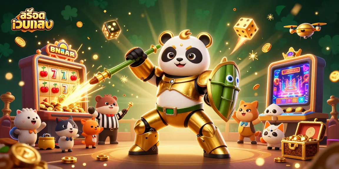 Spin and win big with สล็อตเว็บตรง as the golden panda battles in a vibrant casino scene.
