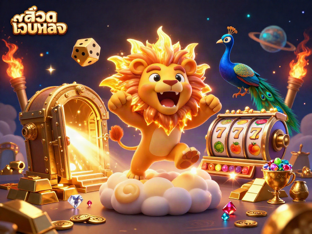 Experience thrilling สล็อตเว็บตรง gameplay with vibrant treasures and dynamic characters in this 3D illustration.