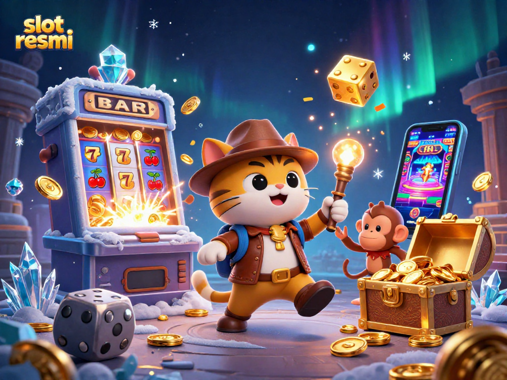Experience the thrill of winning with slot resmi while an explorer archaeologist cat uncovers treasures in a vibrant casino.