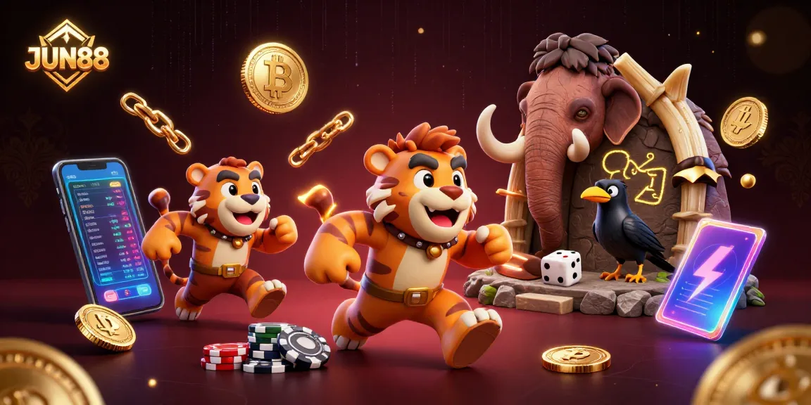 Engage with JUN88 gaming at a prehistoric casino featuring sabertooth tigers and Bitcoin coins.