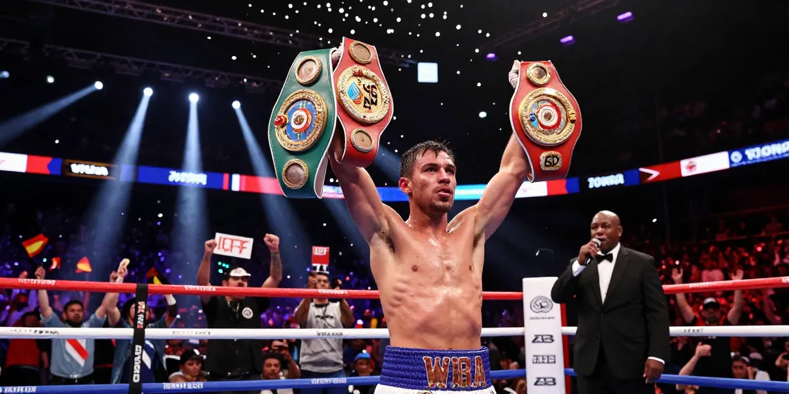 Undisputed champion celebrating in a boxing ring with major title belts held high.