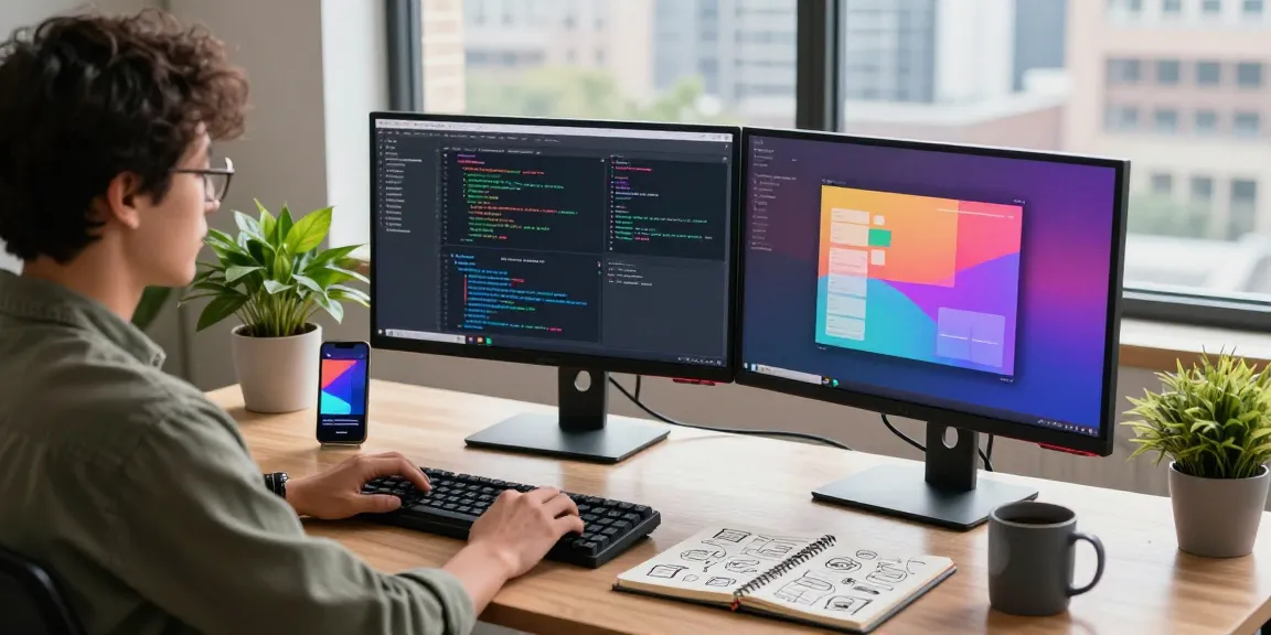 Developer optimizing cika4d software in a vibrant tech workspace with dual monitors and creative elements.