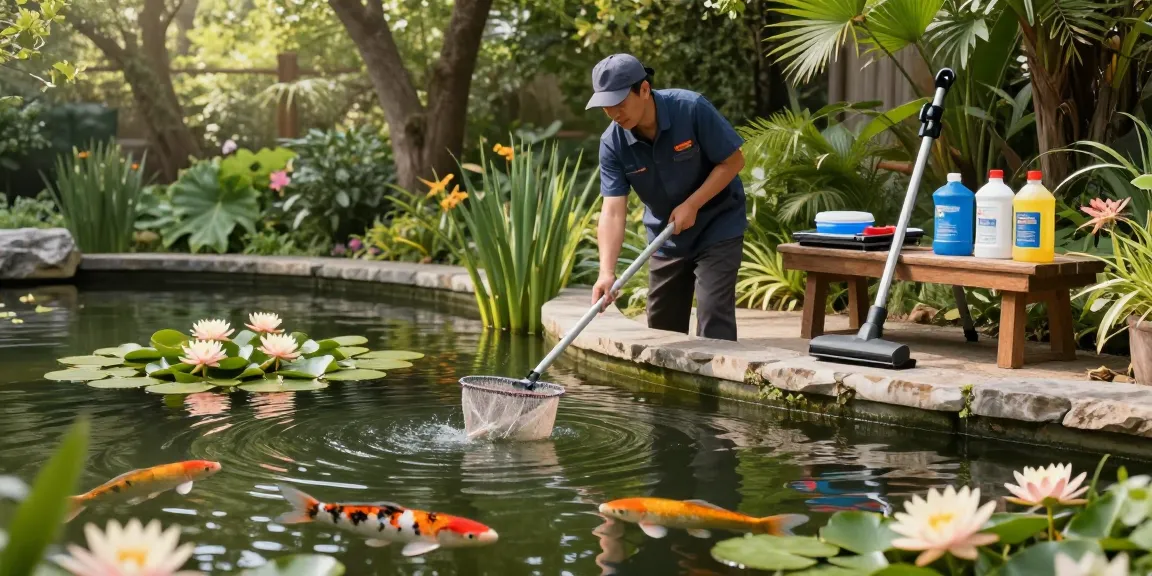 Professional Pond Cleaning London expert cleaning tranquil pond with vibrant greenery.