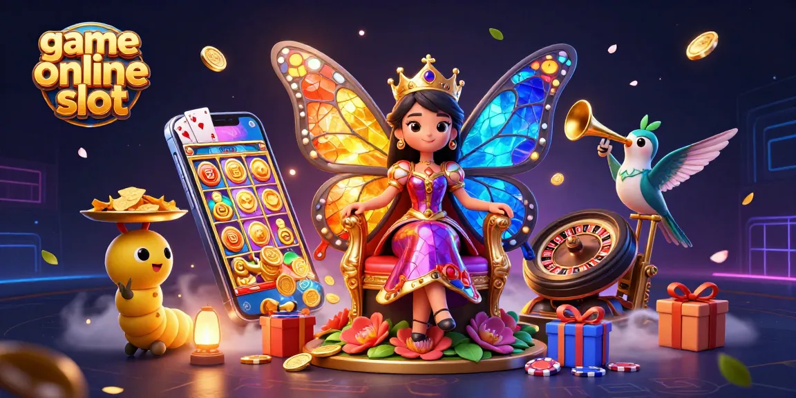 Menang dalam game online slot dengan ilustrasi ratu kupu-kupu dan elemen kasino menarik.