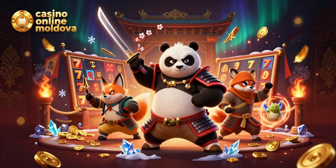 Fierce samurai panda și ninja fox într-o scenă dinamică, promovând casino online moldova prin sloturi și simboluri de câștig.