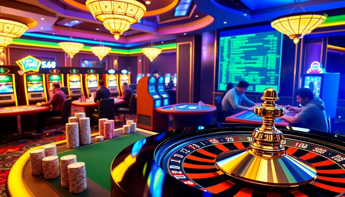 An engaging online gambling scene from https://hay88.page/ showcasing high-stakes poker tables and vibrant slot machines.