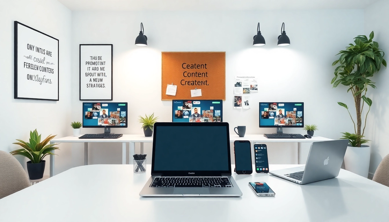 Onlyfans promotion tools illustrated in a creative workspace featuring tech and motivational elements.