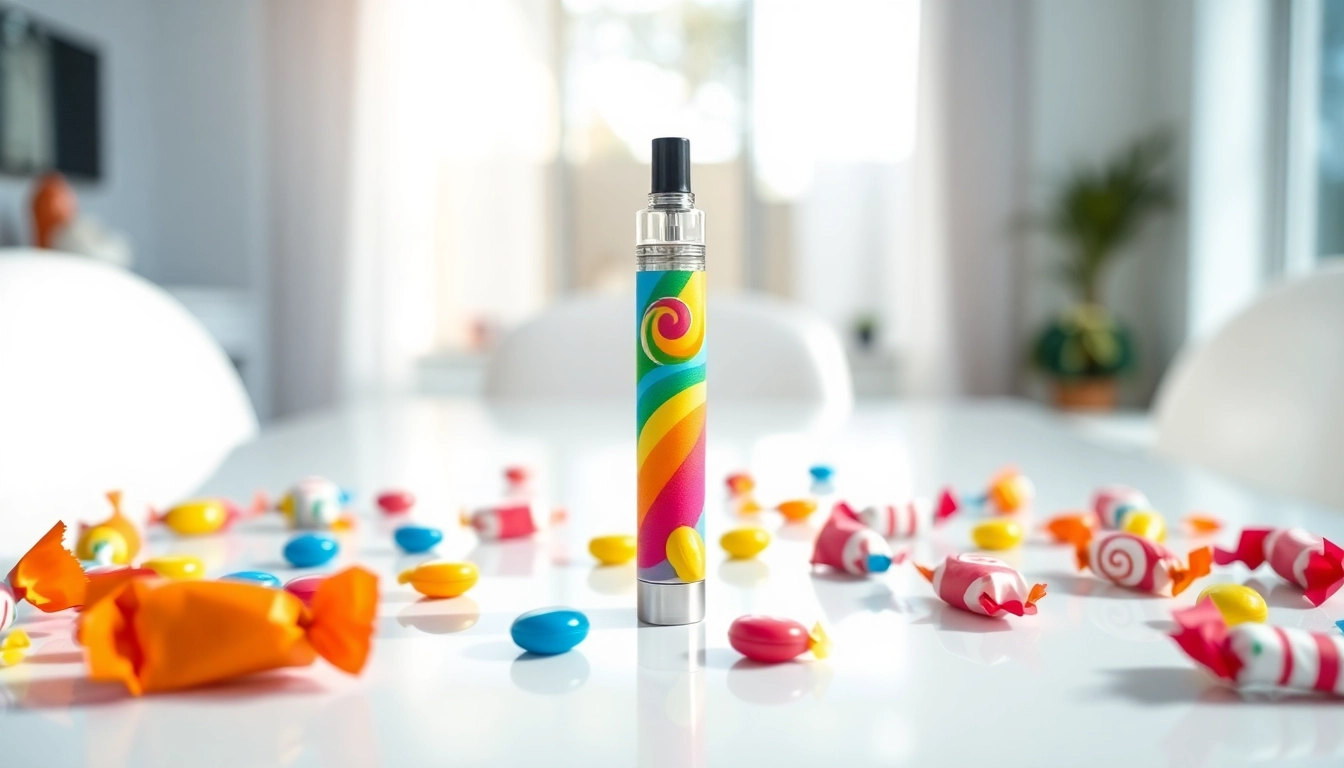Emphasizing the candy vape pen with a colorful theme, highlighting its appealing design against candy wrappers.