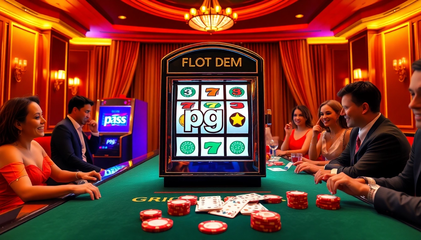 Experience the excitement of pg slot demo on a luxurious casino floor with vibrant slot machines.